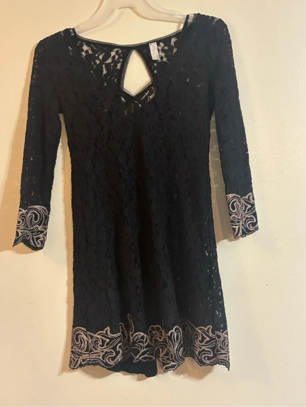 Free People Peony Black Lace Long Sleeve Dress with Blush Trim